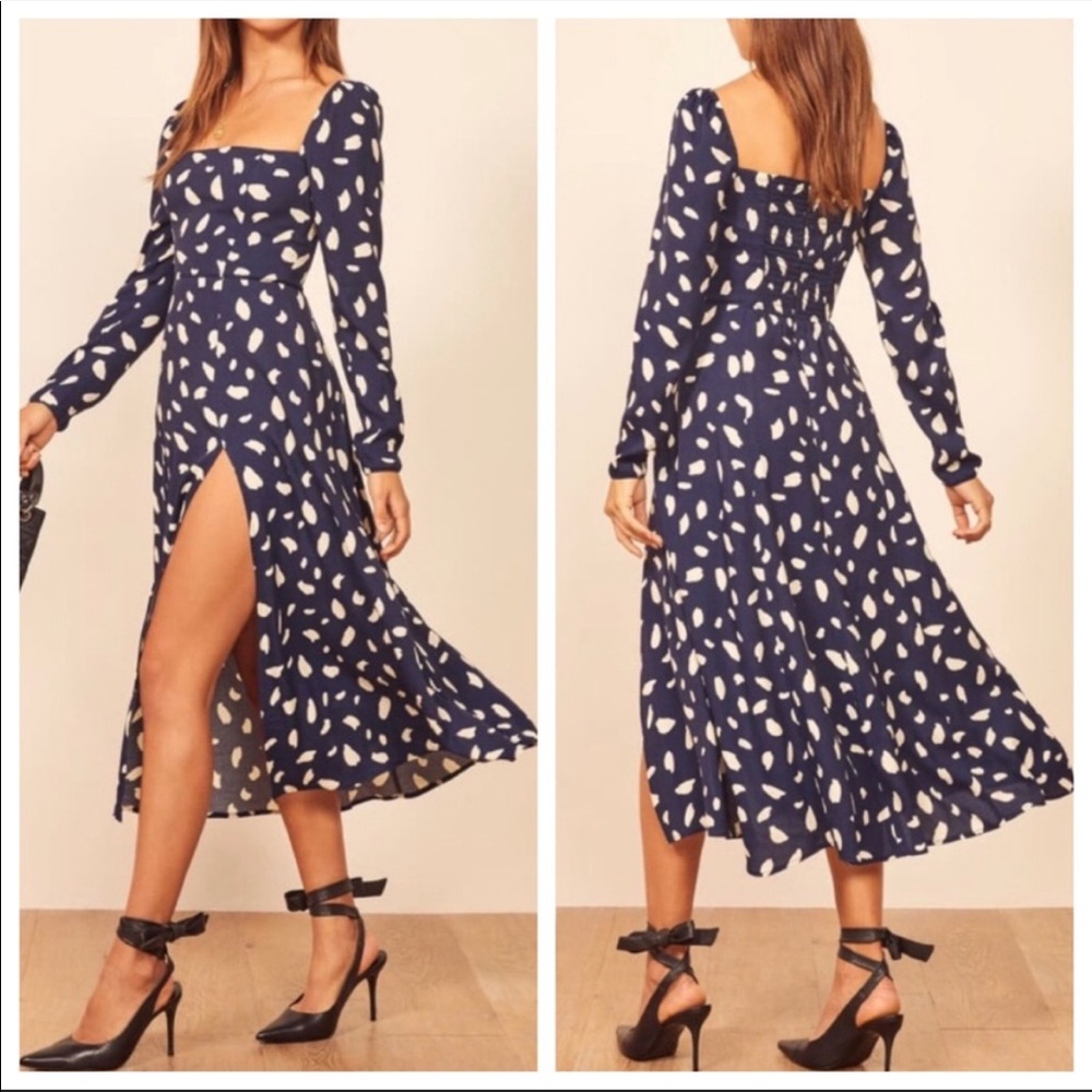 Reformation Sigmund Long Sleeve Square Neck Midi Dress In Splatter Print